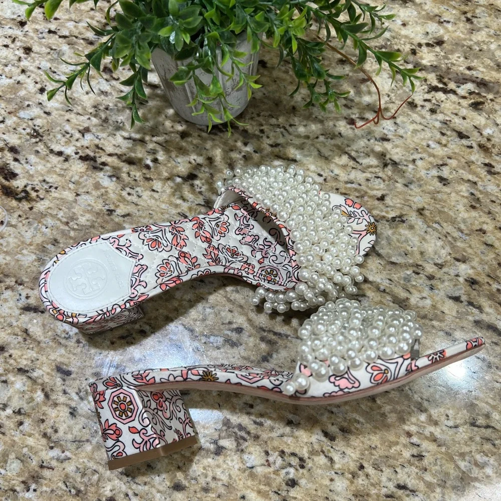 Tory Burch TATIANA Beaded PEARL Slide Sandals Hicks Garden Satin Shoes 5M
